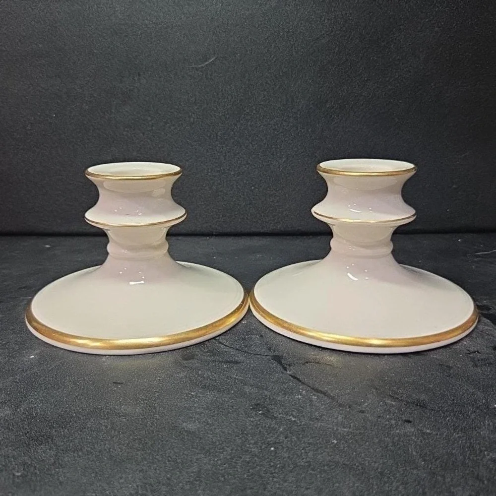 Pickard China‎ Porcelain Candle Holders, Set of 2, Vintage Gold Trim Accents